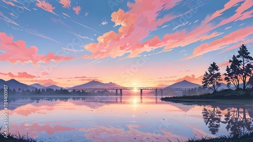 Concept of peace and harmony. A serene sunset over a tranquil lake, with a picturesque bridge connecting two shorelines. In the distance, there are silhouettes of trees and mountains photo