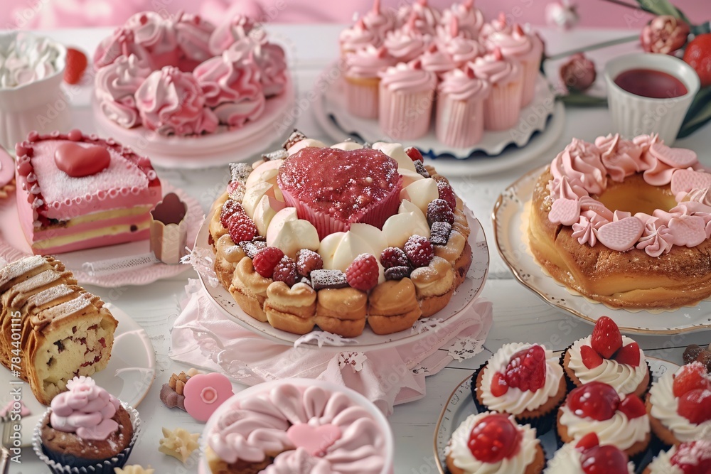 A variety of cakes and desserts displayed on a table, including slices of cake, cupcakes, pastries, and fruit tarts A variety of cakes and desserts displayed on a table, including slices of cake, cupcakes, pastries, and fruit tarts