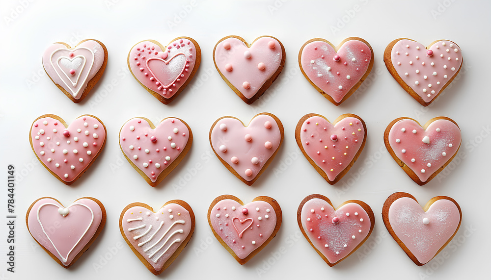 Set of delicious heart-shaped cookies for Valentine's Day on white background Set of delicious heart-shaped cookies for Valentine's Day on white background