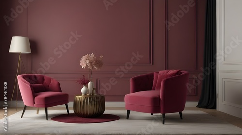 2023 viva magenta trend living room color. A vibrant couch accent. Background of plaster microcement.geneative.ai