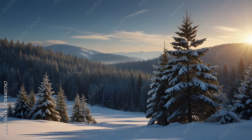 Winter landscape of mountains with path with footprints in snow following in fir forest and glade..generative.ai Winter landscape of mountains with path with footprints in snow following in fir forest and glade..generative.ai