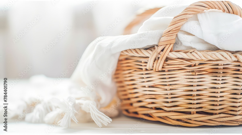 Laundry basket with towels and clothes on the background of a bathroom. Pristine laundry, neatly folded and waiting to be stored