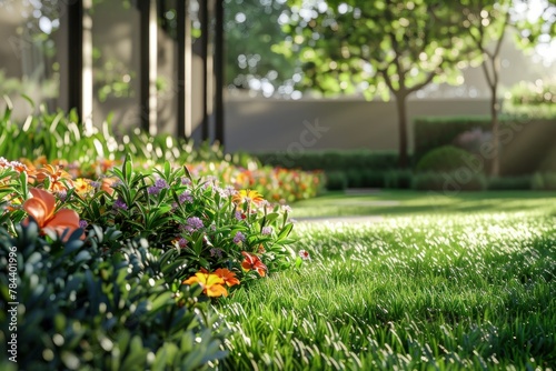 A flower bed, a neatly trimmed lawn in the garden in the rays of the setting sun. photo