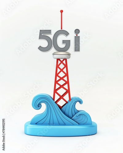 3D icon of ofi telecom 5G tower with blue waves, white background, red and grey color scheme, simple vector graphic design, with no shadows, gradients, shadowing, realistic details, textures, or shadi photo