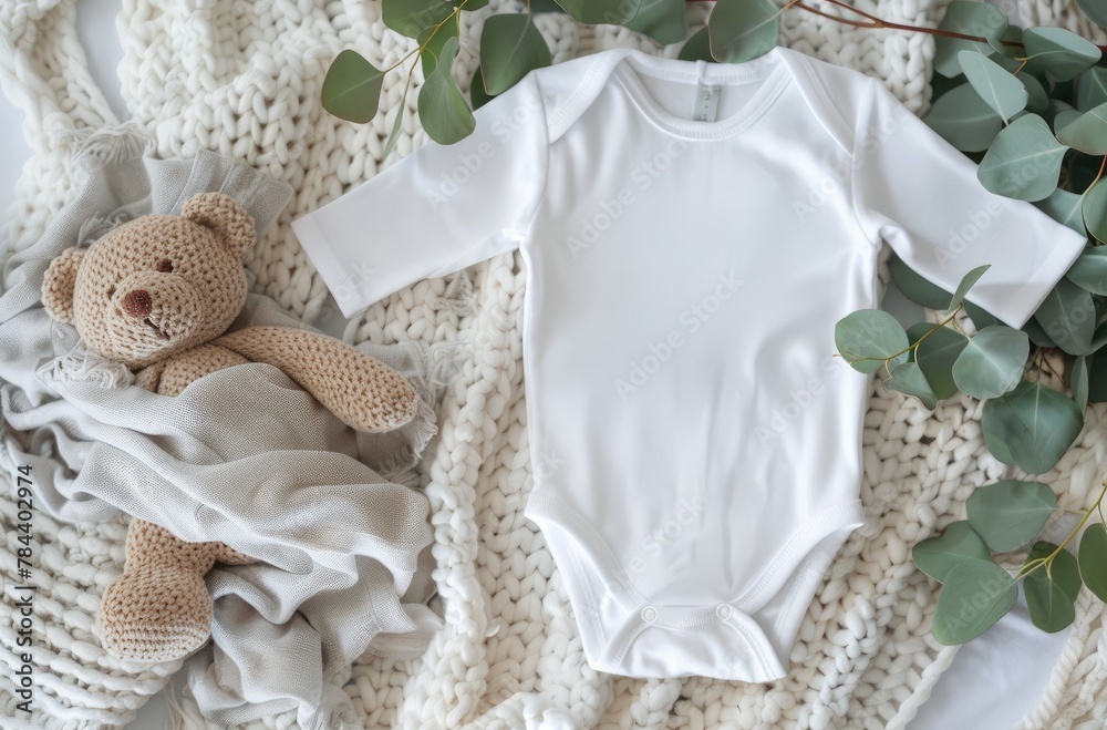 Cozy Blanket Onesie Mockup with Teddy Bear and Eucalyptus Leaves Cozy Blanket Onesie Mockup with Teddy Bear and Eucalyptus Leaves