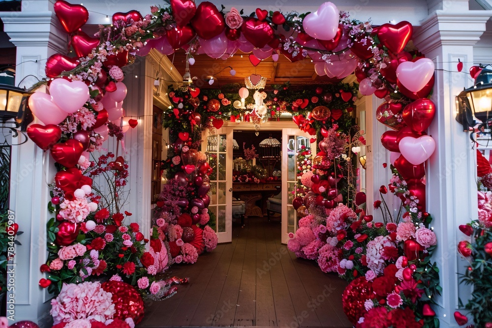 Fototapeta premium A doorway covered in vibrant pink and red flowers adds a pop of color and charm to the entrance