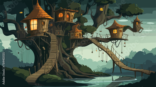 Fantastical treehouse village connected by rope bri photo