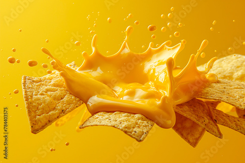 nice snack with tortillas or nachos with a spicy cheese sauce, isolated, splashing and dripping dip, flying and floating in the air