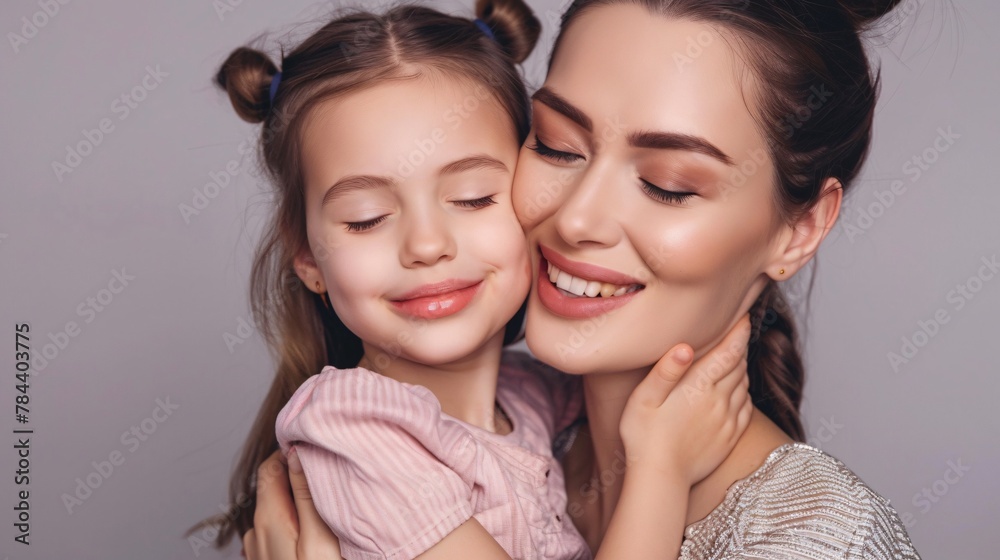 Little girl embracing her mother and smiles Little girl embracing her mother and smiles
