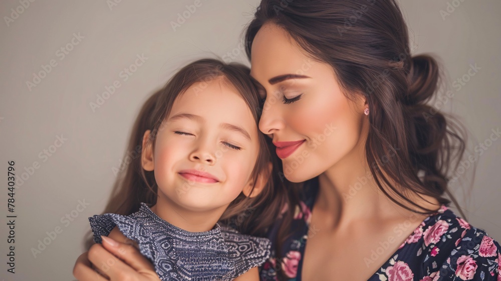 Little girl embracing her mother and smiles Little girl embracing her mother and smiles