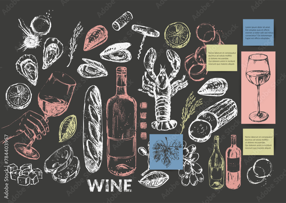Naklejka premium ector wine illustration. Wine bottle, glass, wine stains, cork, corkscrew, cheese, seafood, bread, hand holding glass.