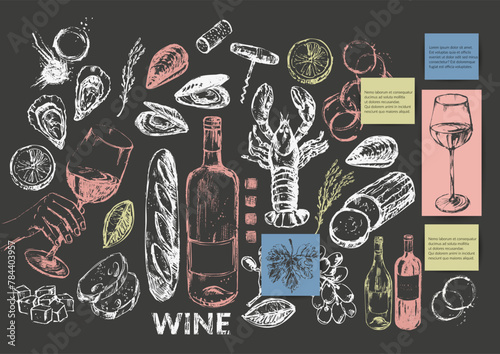 ector wine illustration. Wine bottle, glass, wine stains, cork, corkscrew, cheese, seafood, bread, hand holding glass.