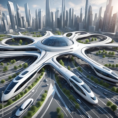 A central transportation hub in a futuristic smart city, with autonomous vehicles photo