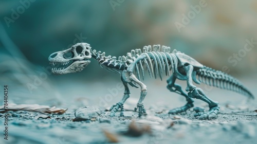 Dinosaur skeleton on the ground in the forest. Selective focus