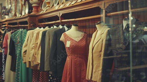 Retro fashion thrift shop with a selection of vintage dresses and classic men's suits, --ar 16:9 © mogamju
