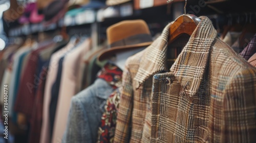 Retro fashion thrift shop with a selection of vintage dresses and classic men's suits, --ar 16:9