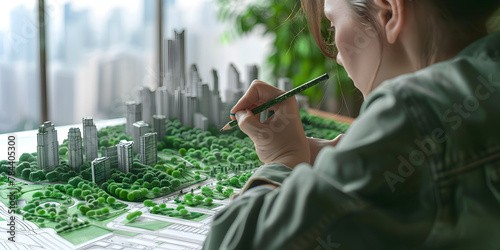  Woman drawing green city on paper with pencil miniature model of a modern city The buildings are made of white plastic and the trees are made of green plastic The model is set on a green base model   photo