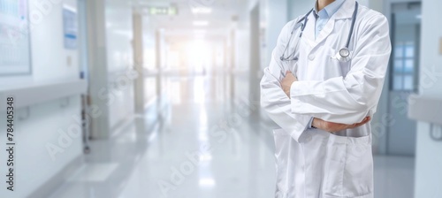 Health care and medicine. Medicine and technology. Doctor standing on hospital background