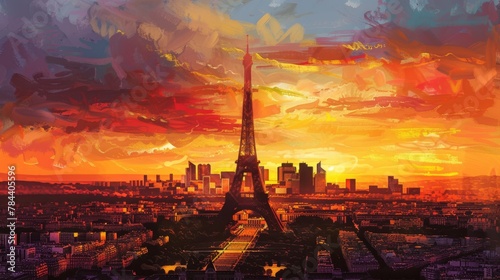 Sunrise over the Paris skyline with a silhouette of the Eiffel Tower, warm sky colors, --ar 16:9