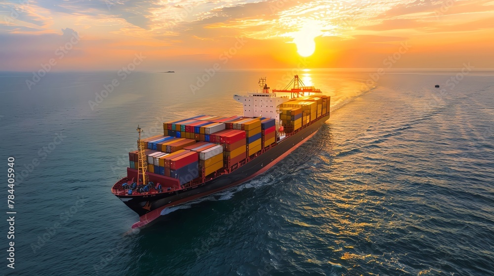 A cargo ship carrying containers sailing in the sea at sunset, viewed from above In the style of Royalcore global container shipping company - obrazy, fototapety, plakaty 