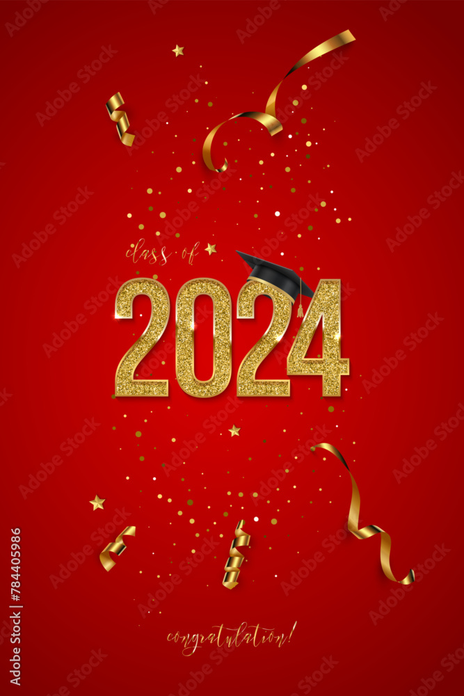 2024 graduation ceremony vertical banner. Award concept with academic hat, golden numbers, ribbons, confetti and text isolated on red background