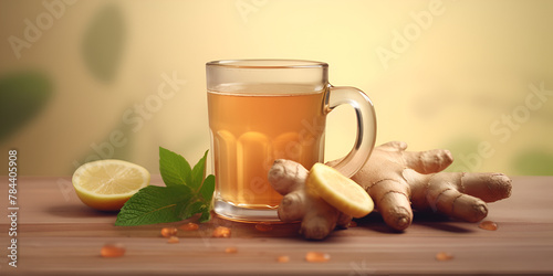 Vitamin healthy delicious tea with mint leaves and ginger in glass cup on pastel flat background wellness concept