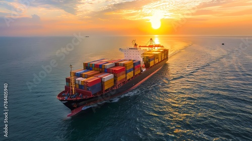 A cargo ship carrying containers sailing in the sea at sunset, viewed from above In the style of Royalcore global container shipping company photo