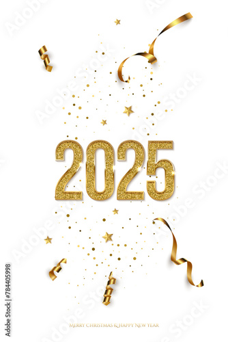 2025 Happy New Year greeting card vector template. Festive Christmas vertical social media banner design with congratulations. Golden numbers with confetti realistic illustration on white background