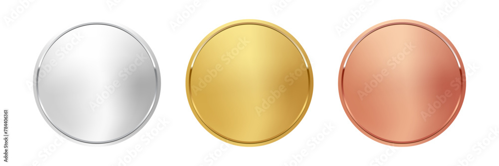 Naklejka premium Award golden, silver and bronze blank medals 3d vector realistic illustration. First, second and third place medals or buttons isolated on white background. Quality blank, empty badge, emblem set