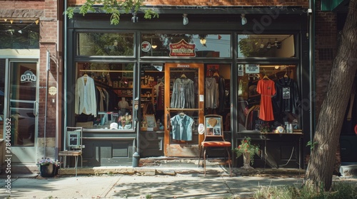 Thrift shop in a historic downtown district, featuring a curated selection of vintage clothing and accessories, street-side window displays, --ar 16:9