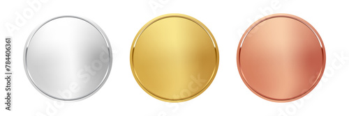 Award golden, silver and bronze blank medals 3d vector realistic illustration. First, second and third place medals or buttons isolated on white background. Quality blank, empty badge, emblem set