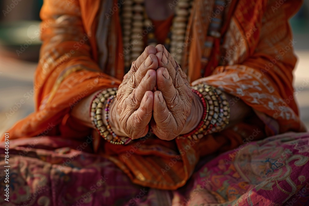 Close up of a person with their hands neatly folded in front of them