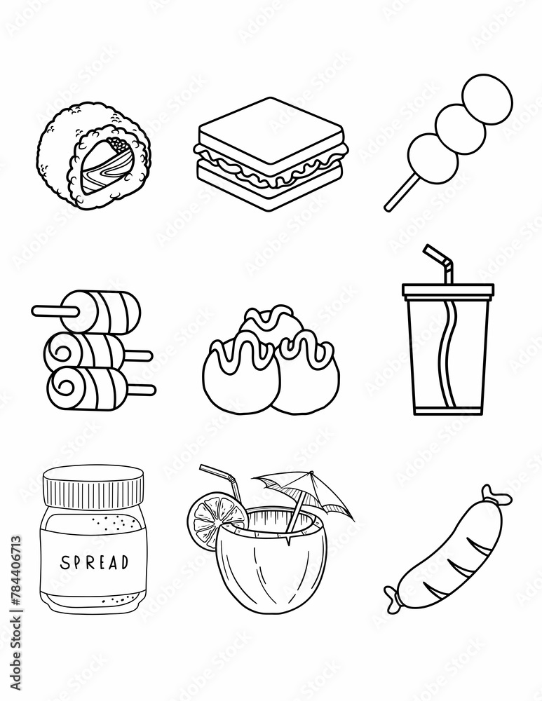 Food and drink coloring page, food doodle, drink doodle, food icons