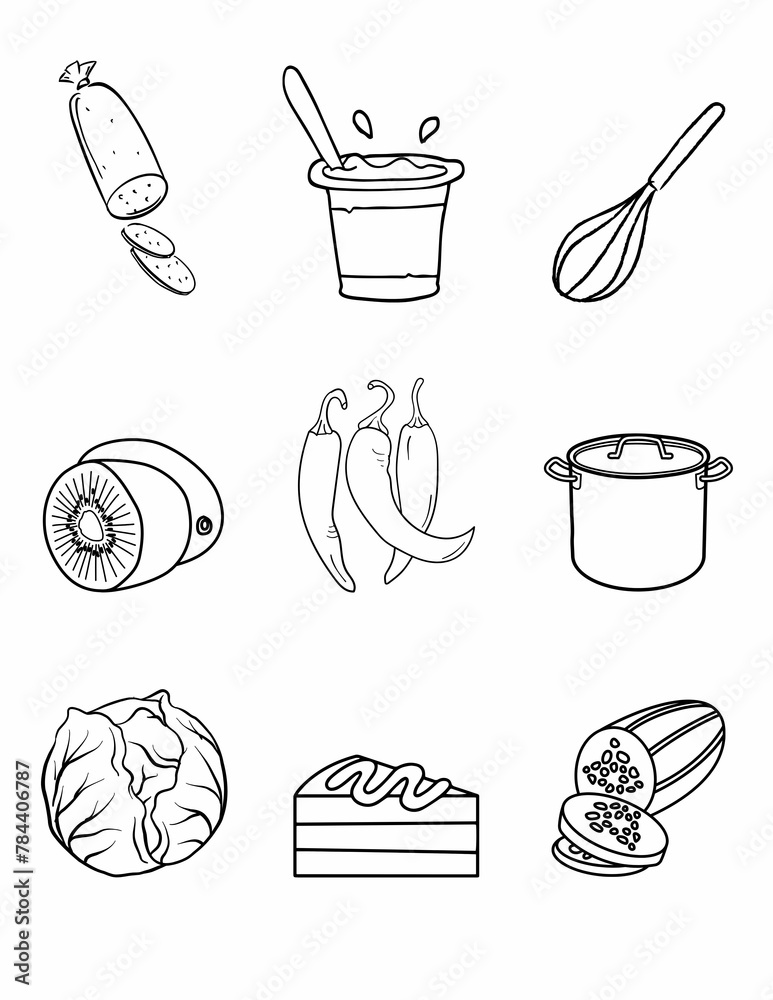 Food and drink coloring page, food doodle, drink doodle, food icons