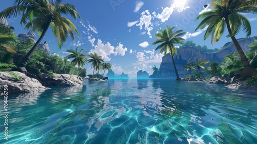 Virtual reality environment that mimics a perfect tropical island  endless summer and adventure activities  --ar 16 9