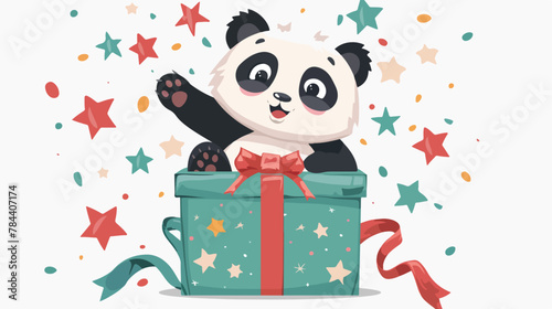 Vector Illustration A cute cartoon giant panda is sitting near gift box