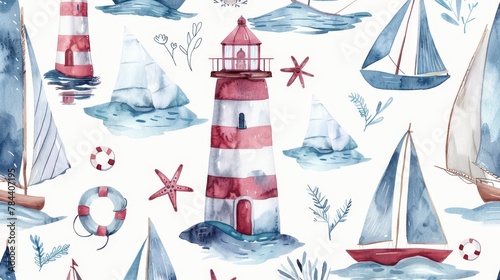 Watercolor pattern featuring nautical icons like lighthouses and sailboats, soft pastel colors, --ar 16:9