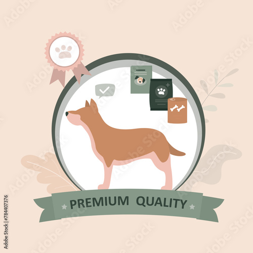 Doggy with various packages of dog food in frame. Emblem of premium quality pet food. Template of label or logo, pet store, food kit in shop.