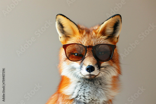 Photo of a cute comic fox wearing sunglasses and a chain on a light background.