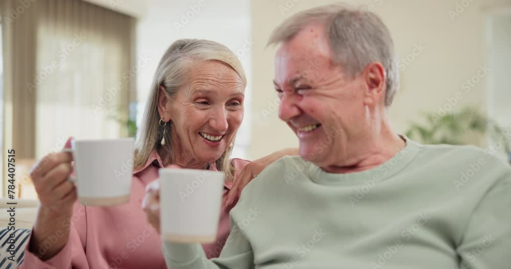 Senior, couple and cheers with coffee on sofa for bonding, retirement and conversation in living room of home. Elderly people, hot beverage and laughing on couch with relax, wellness or morning break Senior, couple and cheers with coffee on sofa for bonding, retirement and conversation in living room of home. Elderly people, hot beverage and laughing on couch with relax, wellness or morning break