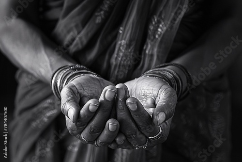 A black and white portrayal of a person holding their hands together