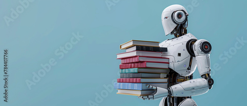 Machine learning concept with 3d rendering humanoid robot and a stack of books isolated on a blue background.