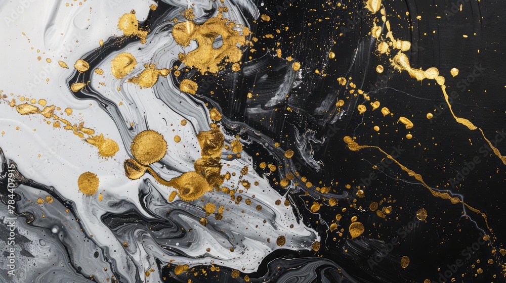 Obraz premium Creative abstract hand painted background, wallpaper, texture, close-up fragment of acrylic painting on canvas with brush strokes. Modern art. Black and white with gold background. Contemporary art