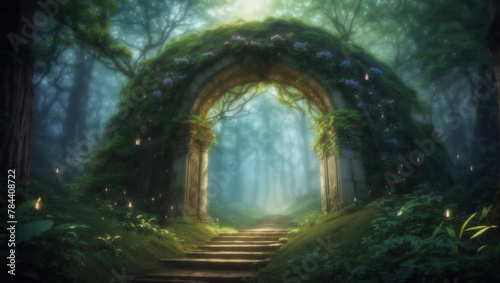 A stone archway in a dense forest  