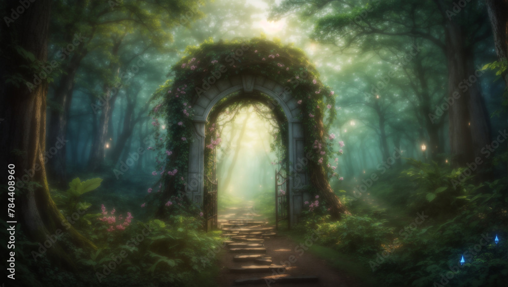 A stone archway in a forest with bright light coming through it.

