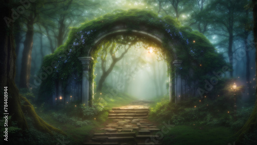 A stone archway in a forest with bright light coming through it.