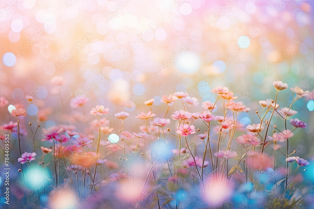 Field of colorful flowers with a bokeh effect