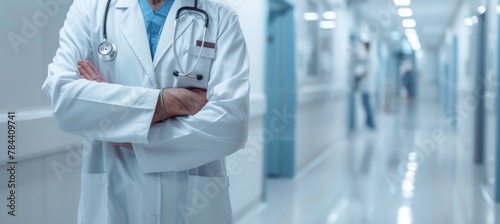 Health care and medicine. Medicine and technology. Doctor standing on hospital background