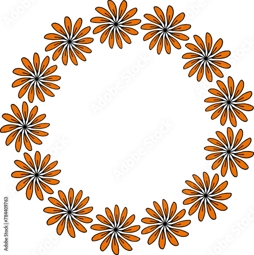 Round frame in positive orange flowers on white background. Vector image.