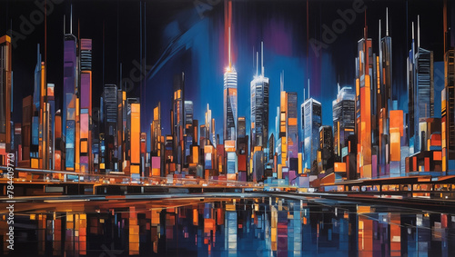 A painting of a futuristic city at night with skyscrapers and lights reflecting off the water.